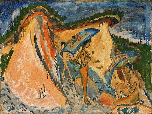 Ernst Ludwig Kirchner, Fehmarndüne mit Badenden unter Japanschirmen. 1913 (Kirchner,Ernst Ludwig,1880-1938,Davos,Kirchner-Museum,Öl auf Leinwand,20. Jahrhundert,Expressionismus,Die Brücke,Kirchner, Ernst Ludwig,Düne,Strand,Badende,baden,Frauen,Sonnenschirm,Sonnenschirme,draußen,Fehmarn)