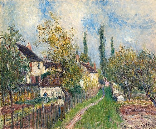 Alfred Sisley, Fußweg in Les Sablons. 1883 (Sisley,Alfred,1839-1899,Öl auf Leinwand,19. Jahrhundert,Impressionismus,Canberra,National Gallery of Australia,französischer,Sisley, Alfred,Frankreich,auf dem Land, ländlich Landschaft Weg,Dorf,Zaun,Garten, Bäume,Nachbarn)