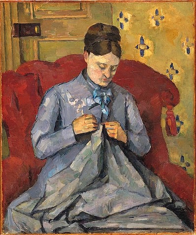 Paul Cézanne, Bildnis der Frau des Künstlers. 1877 (Cézanne,Paul,1839-1906,Stockholm,Nationalmuseum,Öl auf Leinwand,19. Jahrhundert,Portrait,Post-Impressionismus,Cézanne, Paul,Frau,französisch,zu Hause,interieur,nähen,Sessel,nach unten schauen,handarbeiten,Handarbeit)