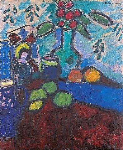 Alexej von Jawlensky, Stillleben. 1908. (Expressionismus,Öl auf Pappe,Jawlensky,Alexej von,1864-1941,28195 Bremen,Kunsthalle Bremen - Der Kunstverein in Bremen.,Kunsthalle Bremen,stillleben,blumen,früchte,madonna,figur,blumenvase,vase)