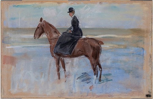 Max Liebermann, Reiterin am Strand. Um 1902. (Liebermann,Max,1847-1935,Pastell auf Papier,20. Jahrhundert,Impressionismus,deutscher,Kunsthalle Bremen,Berliner Secession,auf Pappe,pferd,reiter,strand,küste,meer)