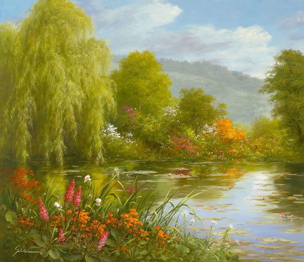 Heinz Schölnhammer, EINSAMER WALDSEE (Landschaft, See, Weide, Trauerweide, Stille, Einsamkeit, Realismus, Wunschgröße, Wohnzimmer, Treppenhaus, Malerei, bunt)