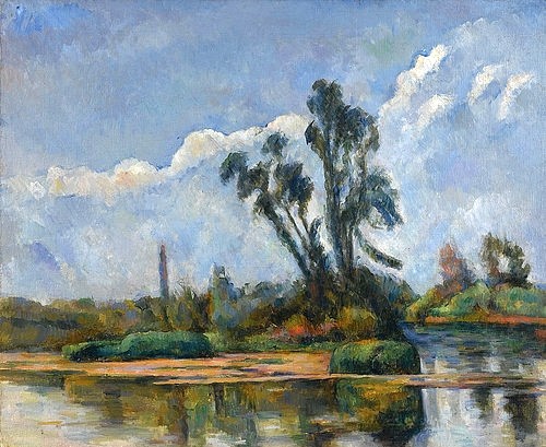 Paul Cézanne, La Rivière. Um 1881 (Cézanne,Paul,1839-1906,Privatbesitz,Öl auf Leinwand,19. Jahrhundert,Landschaft,Post-Impressionismus,Cézanne, Paul,Fluss,Nebenfluss,Flussarm,Baum,Natur,Flussufer)