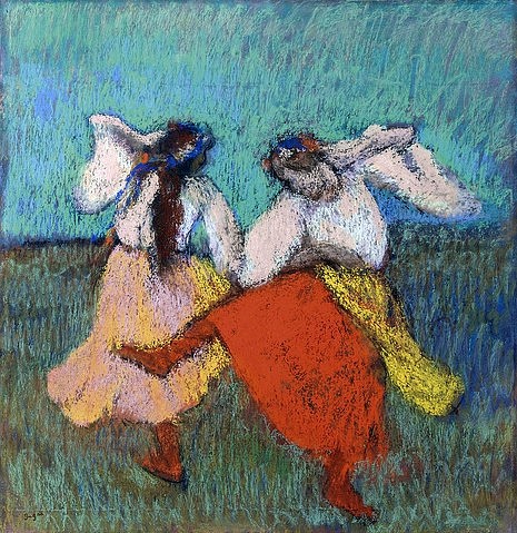 Edgar Degas, Russische Tänzerinnen (Danseuses Russes). Um 1899 (Degas,Edgar,1834-1917,Pastell auf Papier,Privatbesitz,19. Jahrhundert,Impressionismus,französischer,Degas, Edgar,Reigen, Tracht,russisch,Tänzerin,Tänzerinnen,zwei Frauen,tanzen,Folklore,Volkstanz,Pastell weiße Blusen,Bluse)