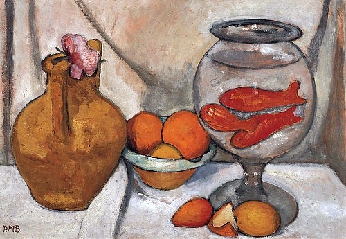 Paula Modersohn-Becker, Stillleben mit Goldfischglas. 1906 (Wuppertal,Von-der-Heydt-Museum,Modersohn-Becker,Paula,1876-1907,Öl auf Pappe,20. Jahrhundert,Stillleben,Obst,Paula Modersohn-Becker,Stillleben,Goldfisch,Goldfische,Aquarium,Goldfischglas,Krug,Obst,Orangen,Blüte,orange,erdige Farben,Tischdecke)