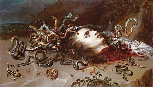 Peter Paul Rubens, Haupt der Medusa. 1617/18 (Haupt der Medusa, Schlangen,  Kopf, enthauptet, geköpft, Ungeheuer, Tod, Enthauptung, Blick, Barock, Klassiker, Malerei,  Treppenhaus, Wohnzimmer, Wunschgröße, bunt)