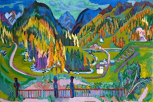 Ernst Ludwig Kirchner, Sertigtal im Herbst. 1925-26 (Kirchner,Ernst Ludwig,1880-1938,Davos,Kirchner-Museum,Öl auf Leinwand,20. Jahrhundert,Expressionismus,Landschaft,Die Brücke,Berge,Kirchner, Ernst Ludwig,Schweiz,Berge,Sertigtal,Panorama,Straße,Wald)