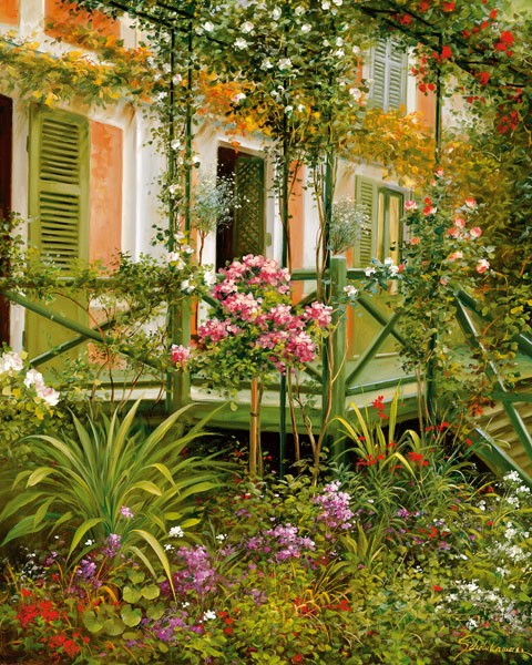 Heinz Schölnhammer, GARTENSZENE I (Terrasse, Garten, Pflanzen, Blumen, üppig, wild, Sommer, Sonnenlicht, Realismus, Wunschgröße, Arztpraxis, Wohnzimmer, Treppenhaus, Malerei, bunt)