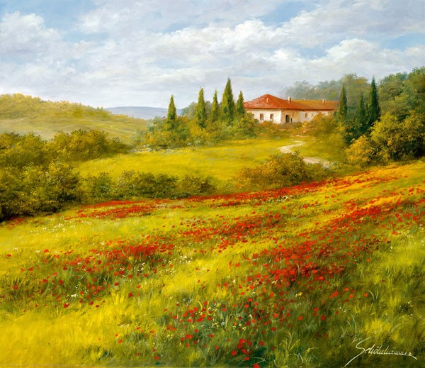 Heinz Schölnhammer, LANDSCHAFT MIT MOHN I (Landschaft, Toskana, Italien, Mohnblüte, Zypressen, Hügel, Realismus, Wunschgröße, Wohnzimmer, Treppenhaus, Malerei, bunt)