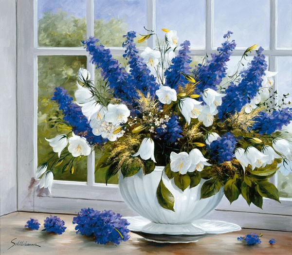 Heinz Schölnhammer, SOMMERGRÜßE III (Stillleben, Blumen, Blüten, Rittersporn, Sommerblumen, Fensterbank, Blumenschale,    Realismus, Wunschgröße, Esszimmer, Wohnzimmer, Treppenhaus, Malerei, bunt)