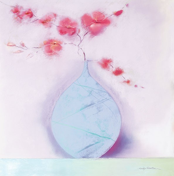 Marilyn Robertson, CORAL BLOSSOM II (Malerei, Stillleben, Zweige, Blütenzweige, filigran, Vase, modern, dekorativ, Wunschgröße, Schlafzimmer, Treppenhaus, Wohnzimmer, blass/pastell)