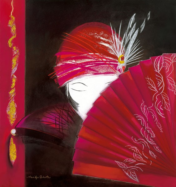 Marilyn Robertson, GEMINI I (Malerei, junge Frau, Eleganz, Hut, 20er Jahre, roter Fächer, dekorativ, modern, Schlafzimmer, Treppenhaus, Wohnzimmer, Jugendzimmer, Bistro, Wunschgröße, bunt)