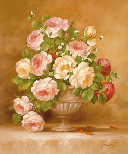 Fasani, ROSES I (Malerei, Stillleben, Blumen, rosa Rosen, Floral, Blüten, üppig, Vase, Blumenschale, Schlafzimmer, Treppenhaus, Wunschgröße, bunt)