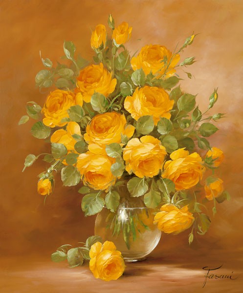 Fasani, ROSES II (Malerei, Stillleben, Blumen, gelbe Rosen, Floral, Blüten, üppig, Vase, Blumenvase, Schlafzimmer, Treppenhaus, Esszimmer, Wunschgröße, bunt)