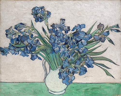 Vincent van Gogh, Schwertlilien. 1890. (Post-Impressionismus,19. Jahrhundert,Öl auf Leinwand,New York,Metropolitan Museum,Gogh,Vincent van,1853-1890,© Copyright Artokoloro Quint Lox Limited,© Copyright Artokoloro Quint Lox Limited,Copyright Artokoloro,blumen,blumenstrauß,iris,blau,vase,pflanzen)