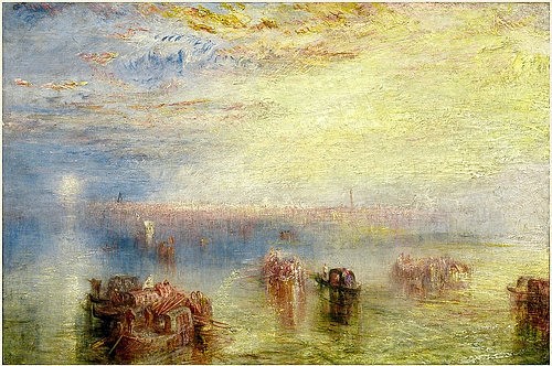 Joseph Mallord William Turner, Anfahrt auf Venedig. 1844. (Washington,National Gallery,Turner,Joseph Mallord William,1775-1851,Öl auf Leinwand,19. Jahrhundert,italien,sonnenlicht,sonnig,boote,meer,dämmerung,abendstimmung,sonnenuntergang)