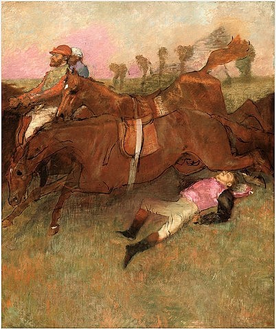 Edgar Degas, Szene vom Steeplechase: Der gefallene Jockey. 1866, überarbeitet 1880-1881 und ca. 1897. (Impressionismus,französischer,19. Jahrhundert,Öl auf Leinwand,Washington,National Gallery,1834-1917,Degas,Edgar,pferderennen,reiter,jockey,pferde,galopp,sturz,rennen,wettrennen,mann)