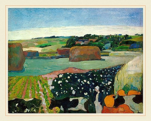 Paul Gauguin, Heuballen in der Bretagne (Meules de foin en Bretagne). 1890. (Washington,National Gallery,Gauguin,Paul,1848-1903,Öl auf Leinwand,19. Jahrhundert,Post-Impressionismus,landschaft,ländlich,felder,kühe,vieh,bäuerin,frau,idylle,frankreich,französisch)