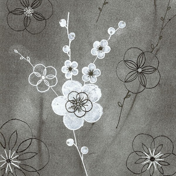 Design Show, SECRET GARDEN I (Retro, Vintage, Grafik, Blumen, Blüten, Tapetenmuster, dekorativ, Sechziger Jahre, Wunschgröße, Wohnzimmer, Treppenhaus,grau)