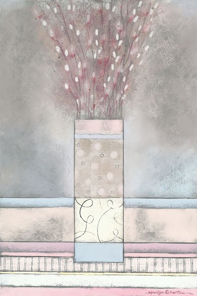 Marilyn Robertson, COLOUR PALETTE II (Malerei, Stillleben, Zweige, Blütenzweige, filigran, Vase, modern, dekorativ, Wunschgröße, Schlafzimmer, Treppenhaus, Wohnzimmer, blass/pastell)