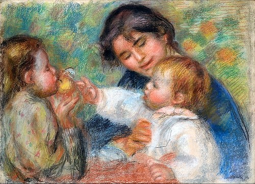 Pierre-Auguste Renoir, Kind mit Apfel (Gabrielle, Jean Renoir und ein kleines Mädchen). Um 1895 (Familie, Mutter, Kinder, Kleinkind, Mädchen, Apfel, Impressionismus, klassische Moderne, Wunschgröße, Wohnzimmer, Malerei)