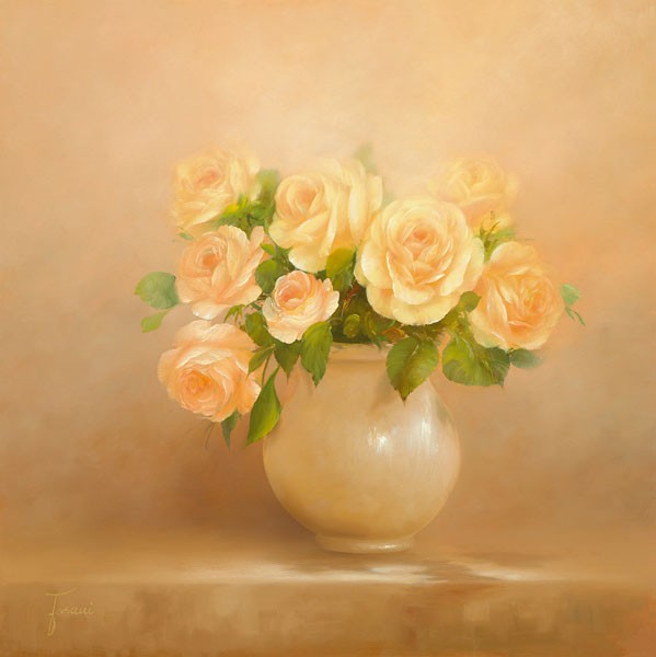 Fasani, ROMANTIC ROSES I (Malerei, Stillleben, Blumen, orange Rosen, Floral, Blüten, üppig, Vase, Blumenvase, Schlafzimmer, Treppenhaus, Wunschgröße, bunt)