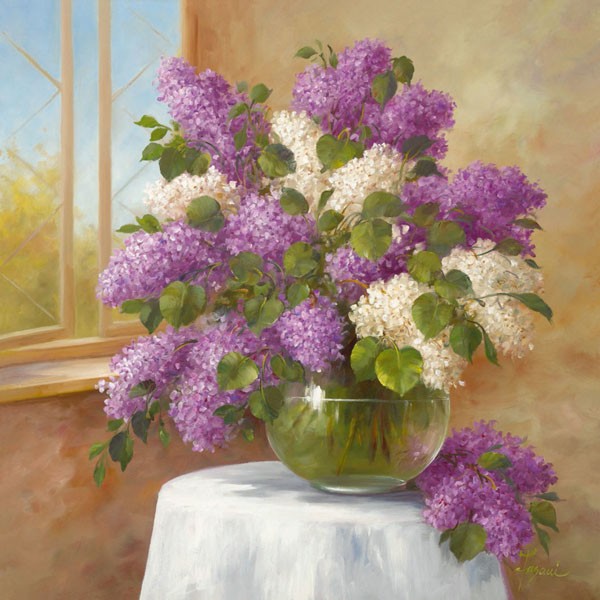 Fasani, LILAC CHORUS (Malerei, Stillleben, Blumen, Flieder, Floral, Blüten, üppig, Vase, Blumenvase, Wohnzimmer, Schlafzimmer, Treppenhaus, Esszimer, Wunschgröße, bunt)