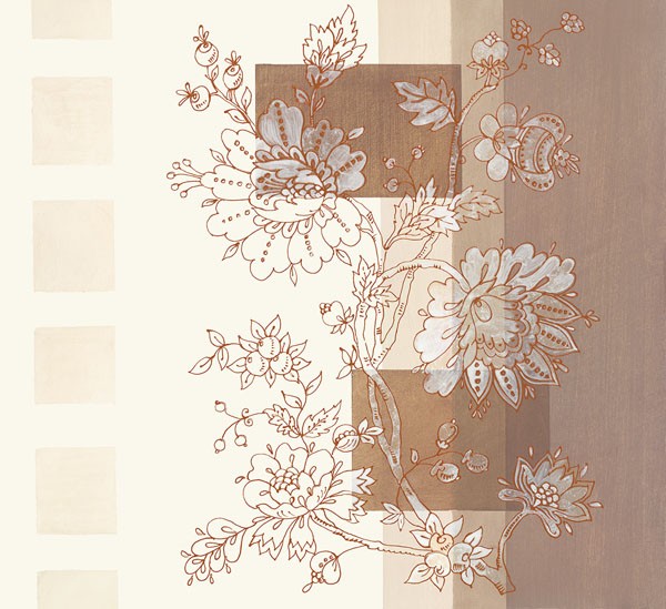 Verbeek & Van den Broek, SELINE I (Wunschgröße, Malerei, modern, abstrakte Malerei, Farbflächen, geometrische Formen, Blumen,   Blüten, filigran, Wohnzimmer, Treppenhaus, Schlafzimmer, braun/beige)