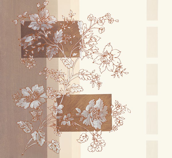 Verbeek & Van den Broek, SELINE II (Wunschgröße, Malerei, modern, abstrakte Malerei, Farbflächen, geometrische Formen, Blumen,   Blüten, filigran, Wohnzimmer, Treppenhaus, Schlafzimmer, braun/beige)