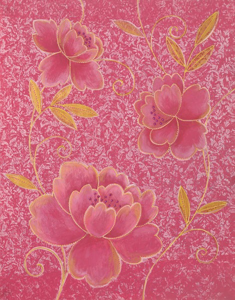 Design Show, ILLUSION II (Grafik, Blumen, Blüten, Ornamente, Tapetenmuster, üppig, edel, Wunschgröße, Wohnzimmer, Treppenhaus, rot/gold)
