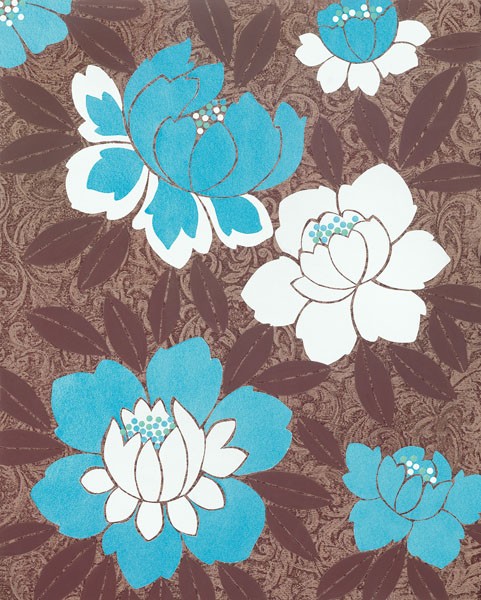 Design Show, WONDERLAND II (Retro, Vintage, Grafik, Blumen, Blüten, Tapetenmuster, dekorativ, Sechziger Jahre, Wunschgröße, Wohnzimmer, Treppenhaus, braun/hellblau)
