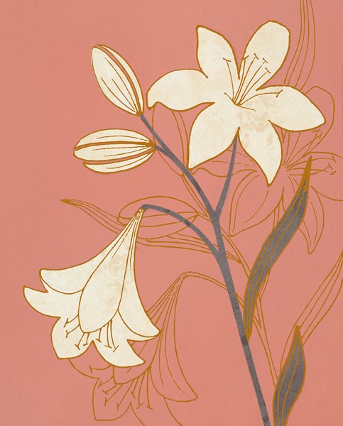 Design Show, TERRA COTTA LILLIES II (Blüten, Lilien, Blätter, Zweig, blume, Pflanzen, stilisiert, Grafik, dekorativ, Wunschgröße, Wohnzimmer, Treppenhaus, beige/terracotta)