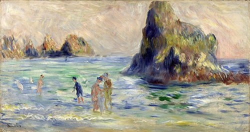 Pierre-Auguste Renoir, Felsenklippe bei Guernesey / Baie du Moulin Huet à Guernesey. Um 1883 (Meer, Meeresbrise, Felsen, Insel, Sommer, Badende, Guernesey, Kanalinsel, Impressionismus, klassische Moderne, Wunschgröße, Wohnzimmer, Malerei)