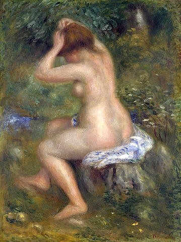 Pierre-Auguste Renoir, Badende. Wohl 1885-90 (Wald, Aktmalerei, Seitenakt, nackte Frau, Badende, Waldlandschaft, Impressionismus, klassische Moderne, Wunschgröße, Wohnzimmer, Malerei)