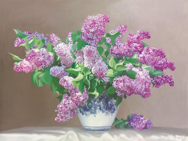 Igor Buzin, LILAC DREAMS (Stillleben, Blumenvase, edel, Flieder, Bouquet, Blumen,  Floral, Blüten, zeitgenössisch, Malerei, Wohnzimmer, Esszimmer, Wunschgröße)