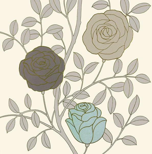 Design Show, ROSE GARDEN I (Retro, Vintage, Grafik, Blumen, Blüten, Rosen, Tapetenmuster, dekorativ, Sechziger Jahre, Wunschgröße, Wohnzimmer, Treppenhaus, beige/pastell)