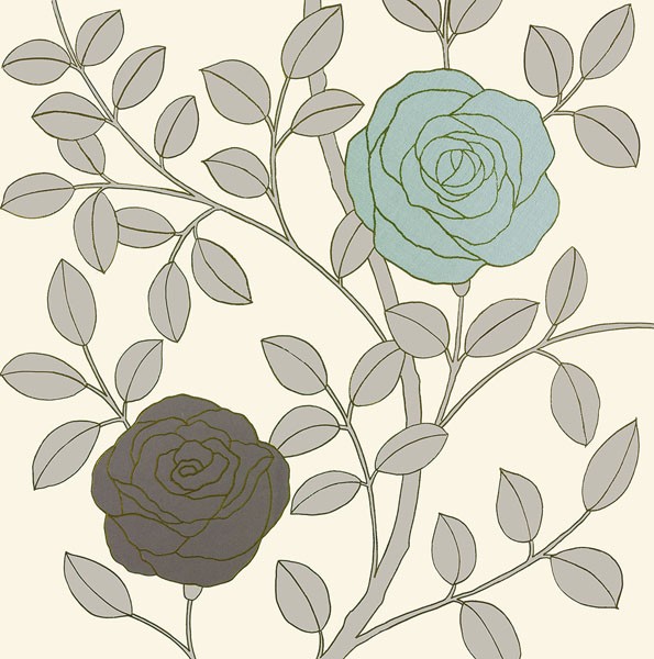 Design Show, ROSE GARDEN II (Retro, Vintage, Grafik, Blumen, Blüten, Rosen, Tapetenmuster, dekorativ, Sechziger Jahre, Wunschgröße, Wohnzimmer, Treppenhaus, beige/pastell)