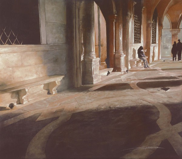 Antonio Sgarbossa, LEGGENDO TRANQUILLAMENTE (Venedig, Städte, Galerie, Bogengang, San Marco, Platz, Licht/Schatten,  Architektur, historisch, Italien, Malerei, Wohnzimmer, Wunschgröße, bunt)