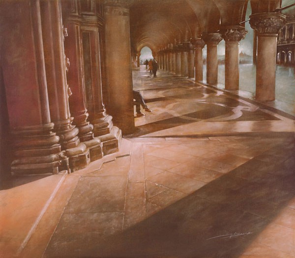 Antonio Sgarbossa, ATTENDO A S.MARCO (Venedig, Städte, Galerie, Bogengang, San Marco, Platz, Licht/Schatten,  Architektur, historisch, Italien, Malerei, Wohnzimmer, Wunschgröße, bunt)