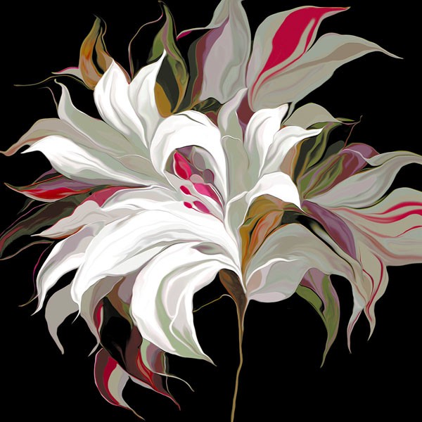 Sally Scaffardi, LILY XX (Blumen, weiße Lilien, Floral, Blüten, Blütenblätter, Malerei, Treppenhaus, Wohnzimmer, Esszimmer, Wunschgröße, bunt)