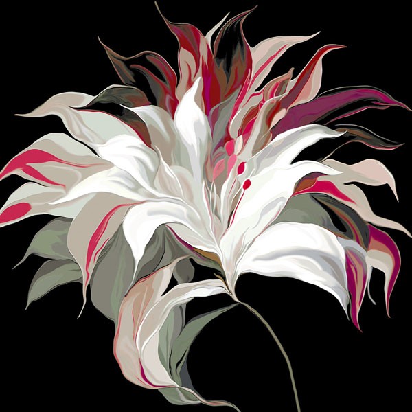 Sally Scaffardi, LILY XXI (Blumen, weiße Lilien, Floral, Blüten, Blütenblätter, Malerei, Treppenhaus, Wohnzimmer, Esszimmer, Wunschgröße, bunt)