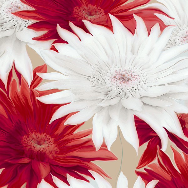 Sally Scaffardi, ELATION II (Blumen, Floral, Blüten,  Begeisterung, Jubel, Wohnzimmer, Treppenhaus, Malerei, Wunschgröße, weiß/rot)