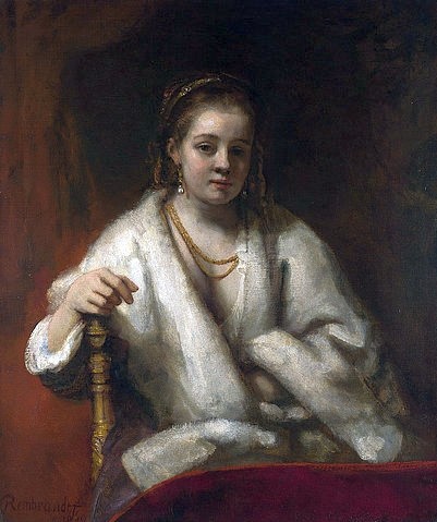 Rembrandt van Rijn, Porträt von Hendrickje Stoffels. Wohl 1654-56 (London,National Gallery,Rembrandt van Rijn,1606-1669,Öl auf Leinwand,17. Jahrhundert,Portrait,Barock,? Fine Art Images,Rembrandt van Rhijn,Hendrickje Stoffels,Schmuck,Pelz,Pelzumhang,Ohrringe,Perlenohrringe,Halskette,Kette,sitzen,Frau)