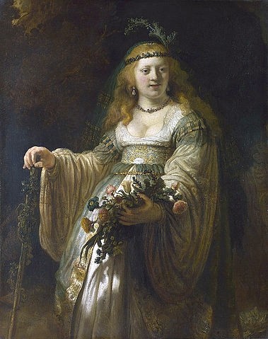 Rembrandt van Rijn, Saskia van Uylenburgh als Flora. 1635 (London,National Gallery,Rembrandt van Rijn,1606-1669,Öl auf Leinwand,17. Jahrhundert,Portrait,Barock,? Fine Art Images,Rembrandt van Rhijn,Saskia van Uylenburgh,Ohrringe,Perlenohrringe,Frau,Blumen,Blumenkranz,Flora,römisch,Göttin des Frühlings,arkadisch K)