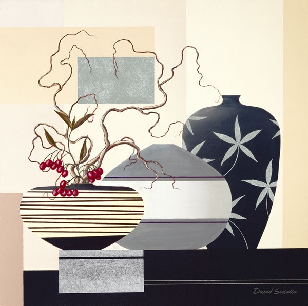 David Sedalia, TWIGS & BERRIES I (Stillleben, Eleganz, edel,  Vasen, Zweige, rote Früchte, klare Formen, abstrakte Muster, modern, Wohnzimmer, Esszimmer, Treppenhaus, Wunschgröße,)