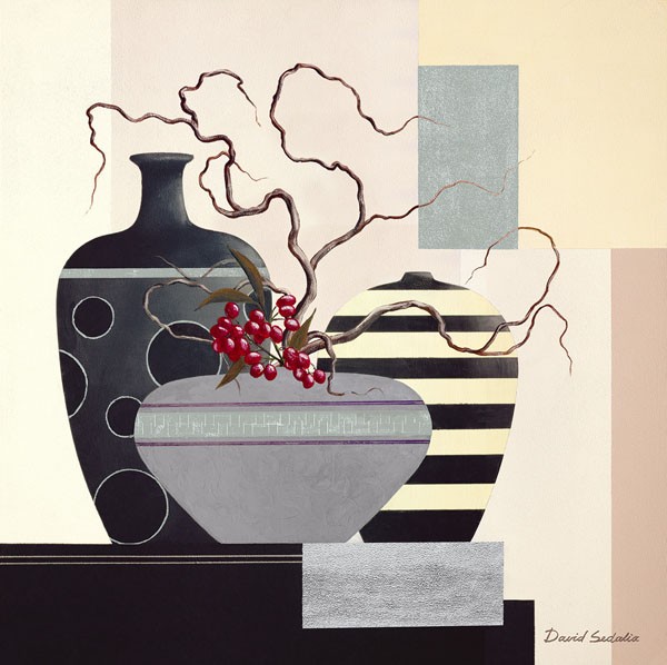 David Sedalia, TWIGS & BERRIES II (Stillleben, Eleganz, edel,  Vasen, Zweige, rote Früchte, klare Formen, abstrakte Muster, modern, Wohnzimmer, Esszimmer, Treppenhaus, Wunschgröße,)