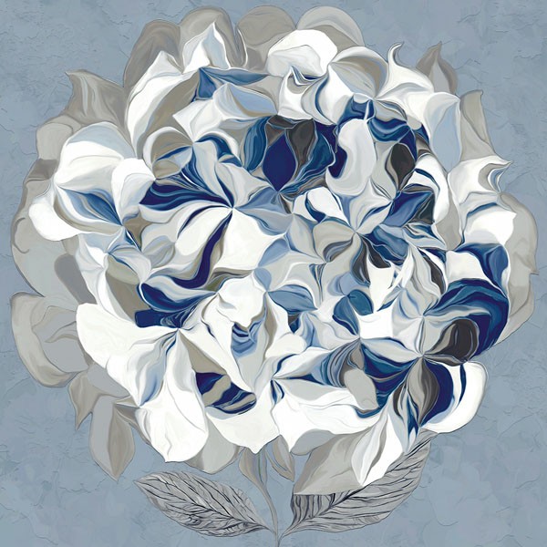 Sally Scaffardi, ELEGANT HYDRANGEA II (Blumen, Hortensie, Floral, Blüten, Blütenblätter, Malerei, Treppenhaus, Wohnzimmer, Schlafzimmer, Wunschgröße, blau/grau)