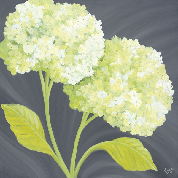 Kaye Lake, FOREVER GREEN II (Malerei, Zeitgenössisch, Natur, Blumen, Blüten, Blütenzweig, Dolde, Schneeball, Wunschgröße, Treppenhaus, Wohnzimmer, Schlafzimmr, Weiß / grau)