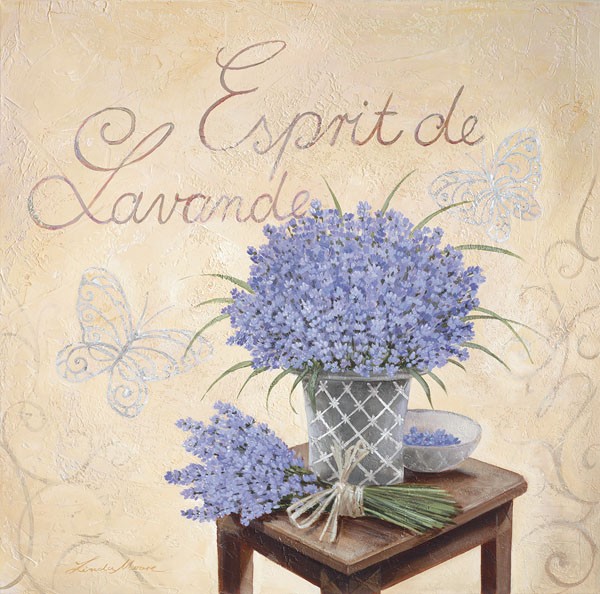 Linda Moore, ESPRIT DE LAVANDE (Stillleben, Hocker, Lavendel, Bündel, Blüten, Ornamente, filigran, Nostalgie, Esszimmer, Treppenhaus, Wunschgröße,)