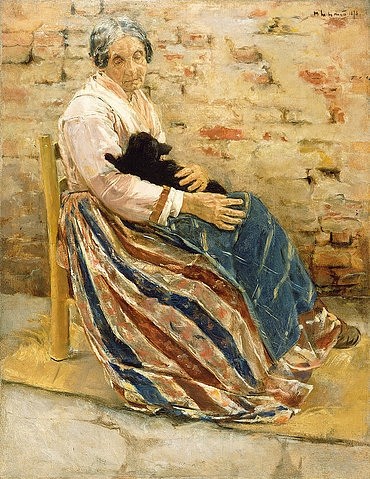 Max Liebermann, Eine alte Frau mit Katze. 1878. (Liebermann,Max,1847-1935,Los Angeles,J. Paul Getty Museum,Öl auf Leinwand,19. Jahrhundert,Impressionismus,deutscher,© Copyright Artokoloro Quint Lox Limited,© Copyright Artokoloro Quint Lox Limited,Copyright Artokoloro,frau,porträt,sitzend,stuhl,schwarze)